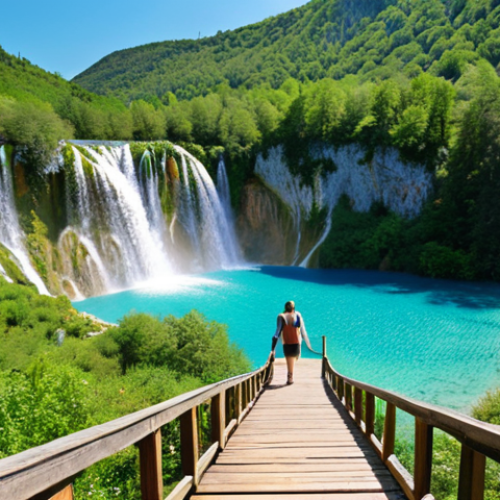 **Image Prompt:** "Panoramic view of Plitvice Lakes National Park, Croatia, showcasing turquoise lakes and cascading waterfalls, vibrant green forests, captured during a sunny day. Focus on the Lower Lakes area, highlighting Veliki Slap waterfall. Tourist walking on a wooden path, enjoying the scenery. "