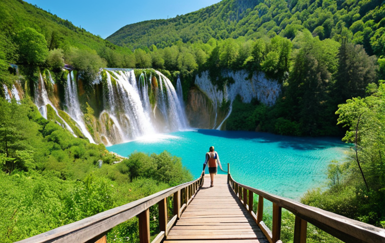 **Image Prompt:** "Panoramic view of Plitvice Lakes National Park, Croatia, showcasing turquoise lakes and cascading waterfalls, vibrant green forests, captured during a sunny day. Focus on the Lower Lakes area, highlighting Veliki Slap waterfall. Tourist walking on a wooden path, enjoying the scenery. "